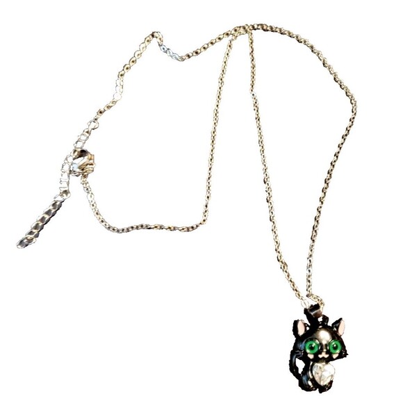 Black CAT Kitten GREEN EYES Rhinestone Heart Necklace - Picture 4 of 4
